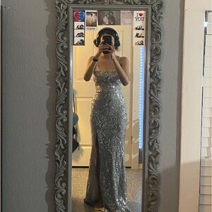 sequence silver strap prom dress